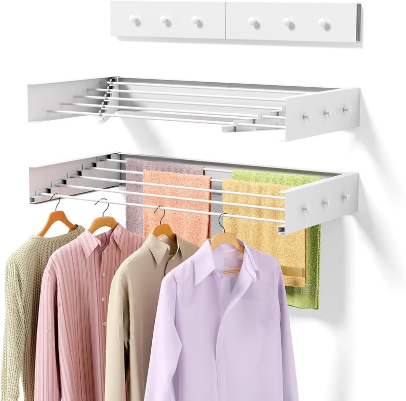 ZMBESUP Upgrade Laundry Drying Rack, 31.5" Drying Rack Clothing Wall Mounted,Foldable, 5 Aluminum Rods with 6 Hooks, Space-Saving White Collapsible Drying Racks Hanger for Laundry Bathroom - Image 1